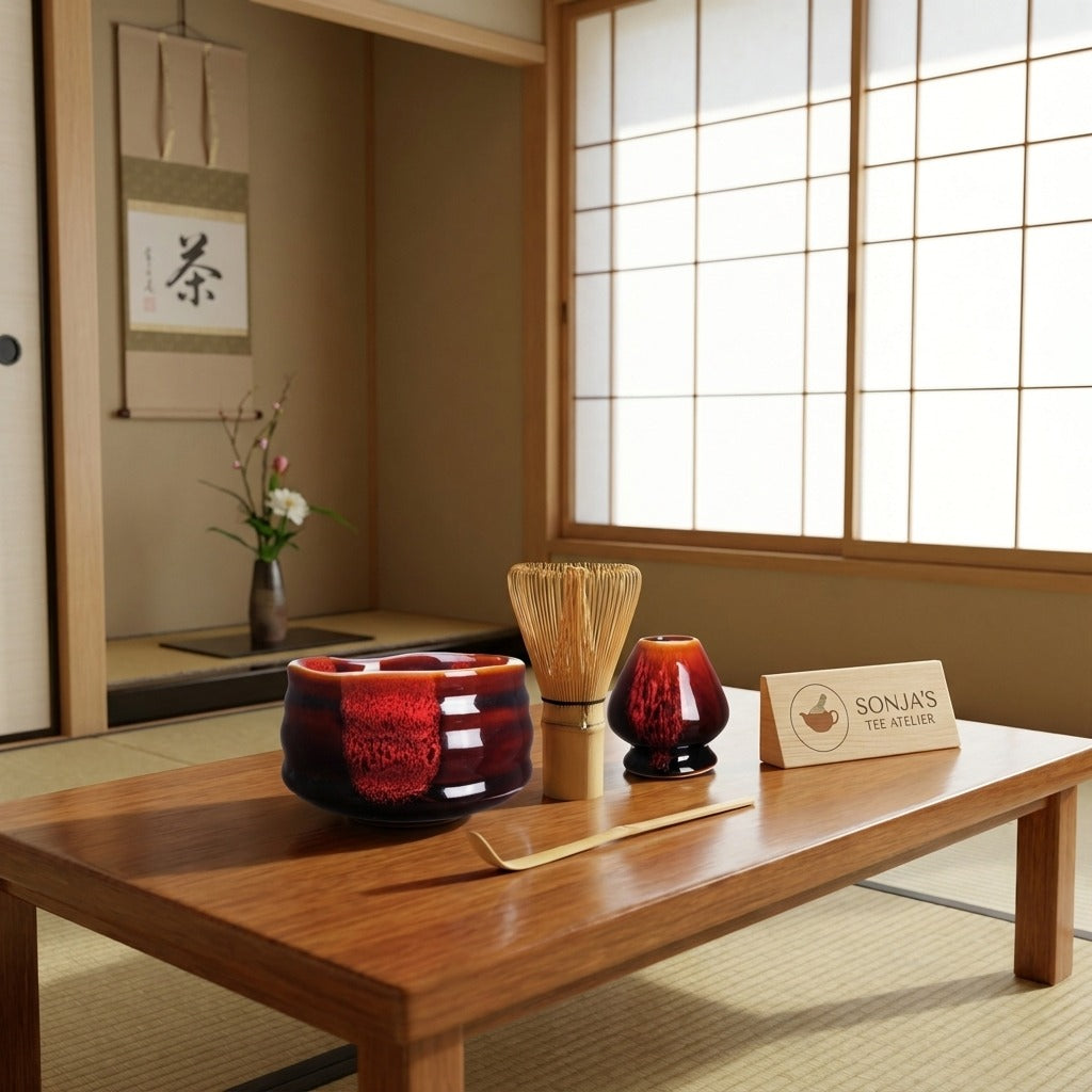Matcha Set Aka – 4-teilig mit Keramik Schale Schwarz-Rot, Bambusbesen, Halter & Löffel – Japanische Teezeremonie Geschenkset