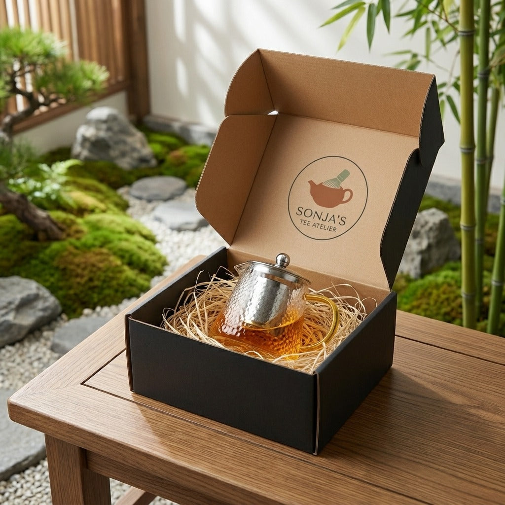 Eleganz in jedem Aufguss: Gehämmerte Glasteekanne mit Gold-Akzent (750ml)
