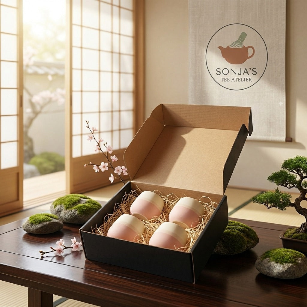 Japanisches Teebecher-Set "Morgenrot" – 4er Set Keramikbecher ohne Henkel, Handgefertigt, Rosa Farbverlauf, Matcha & Kaffee Becher, Geschenk für Teeliebhaber