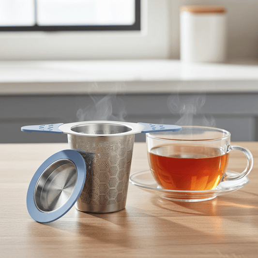 Edelstahl Teesieb mit Silikongriff blau - Calitronshop.com