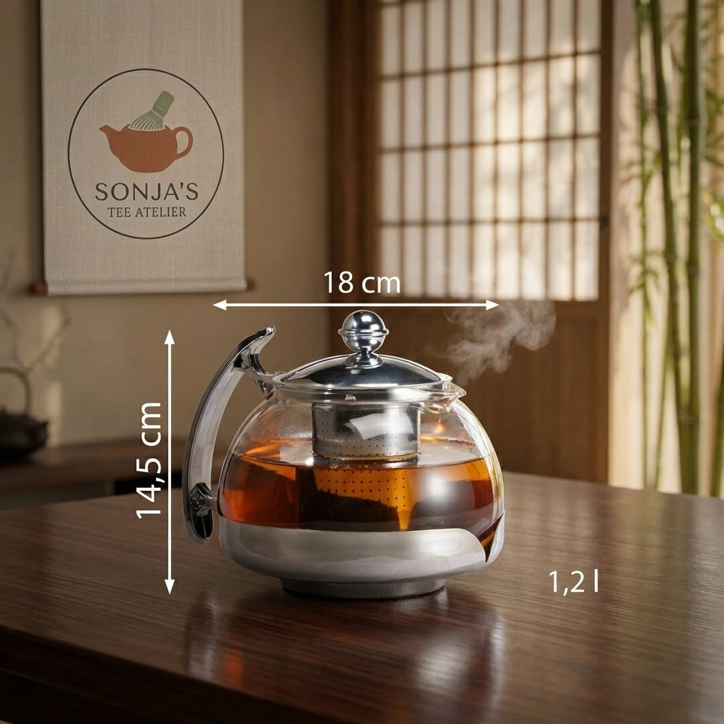 Teekanne Glas 1,2l mit feinem Edelstahl-Siebeinsatz | Hitzebeständige Glaskanne | Modernes Design Silber/Transparent