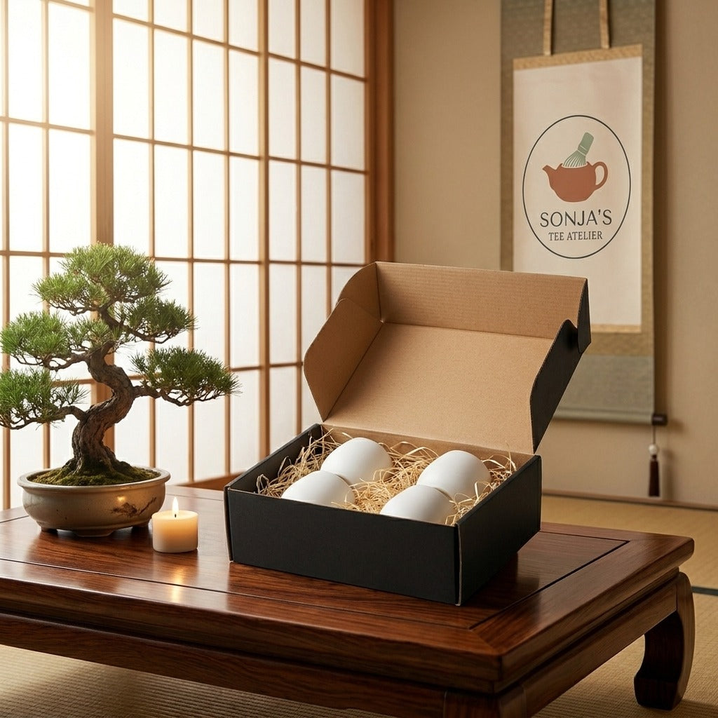 Japanische Teekultur in Perfektion: Kamelienblüte Keramik-Becher Set (4-teilig)