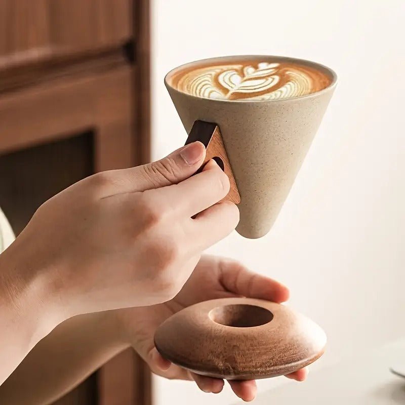 Keramik - Holz Kaffee - Teetassen Set mit Holzgriff 250 ml - Calitronshop.com