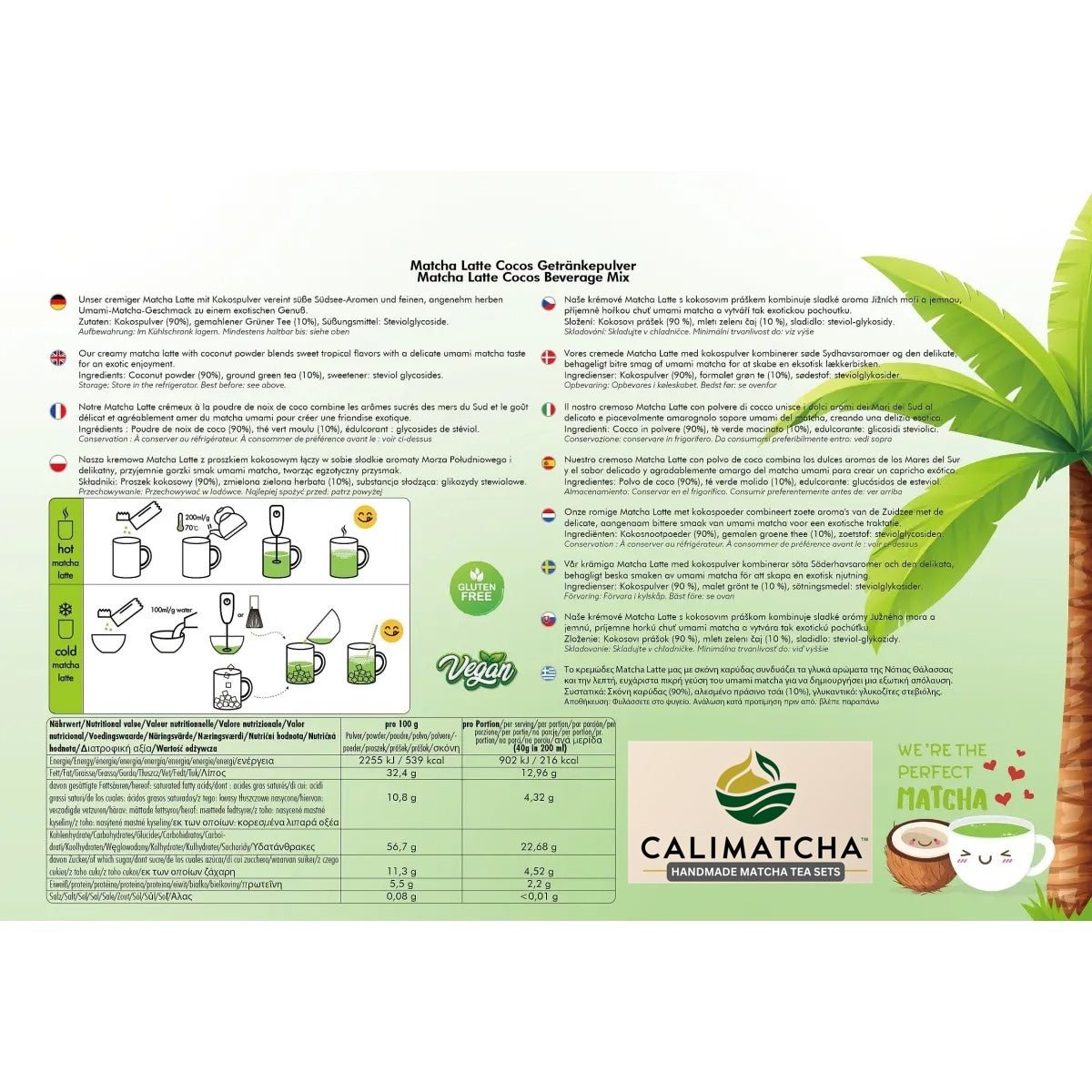 Matcha Cocos Latte – Instant Latte Mix ohne Zucker, 10x40g Portionsbeutel Tee - Calitronshop.com