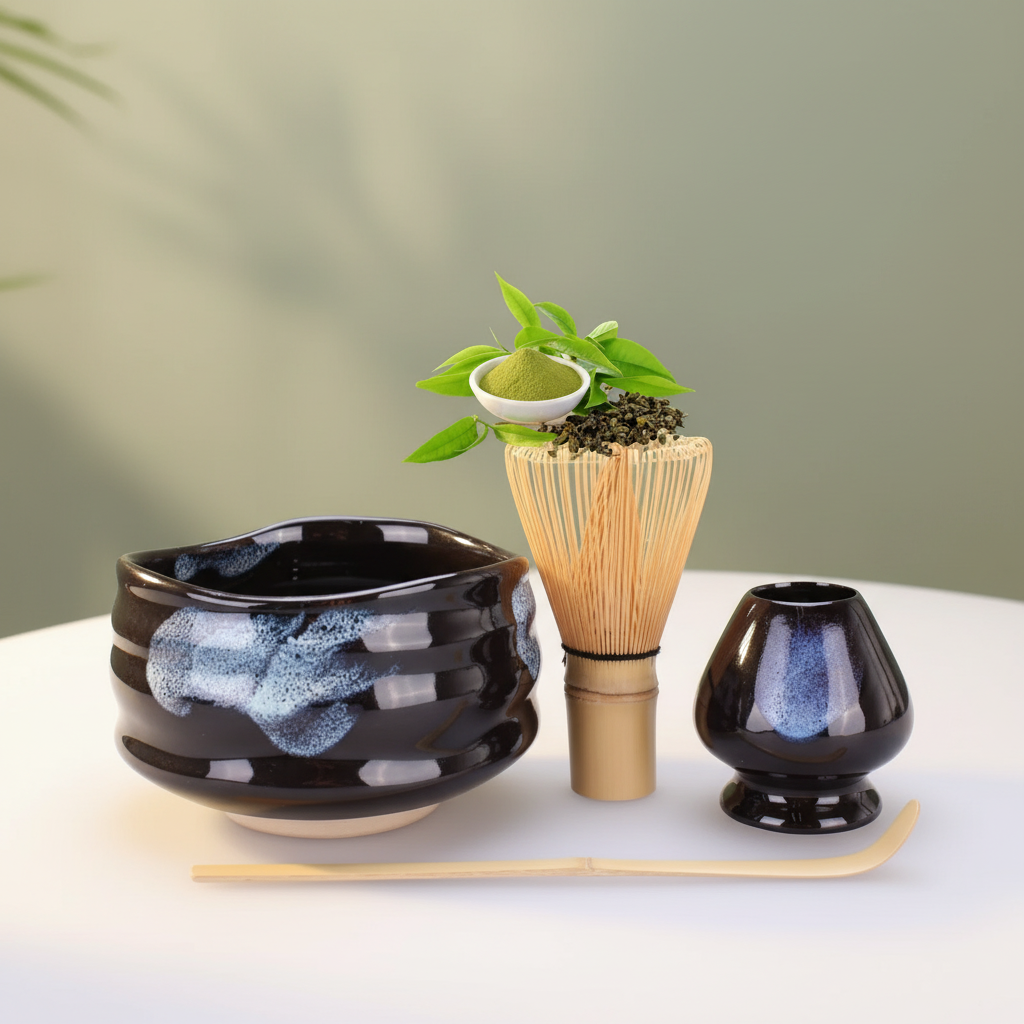 Matcha Grün Tee Set mit neuem Hintergrund