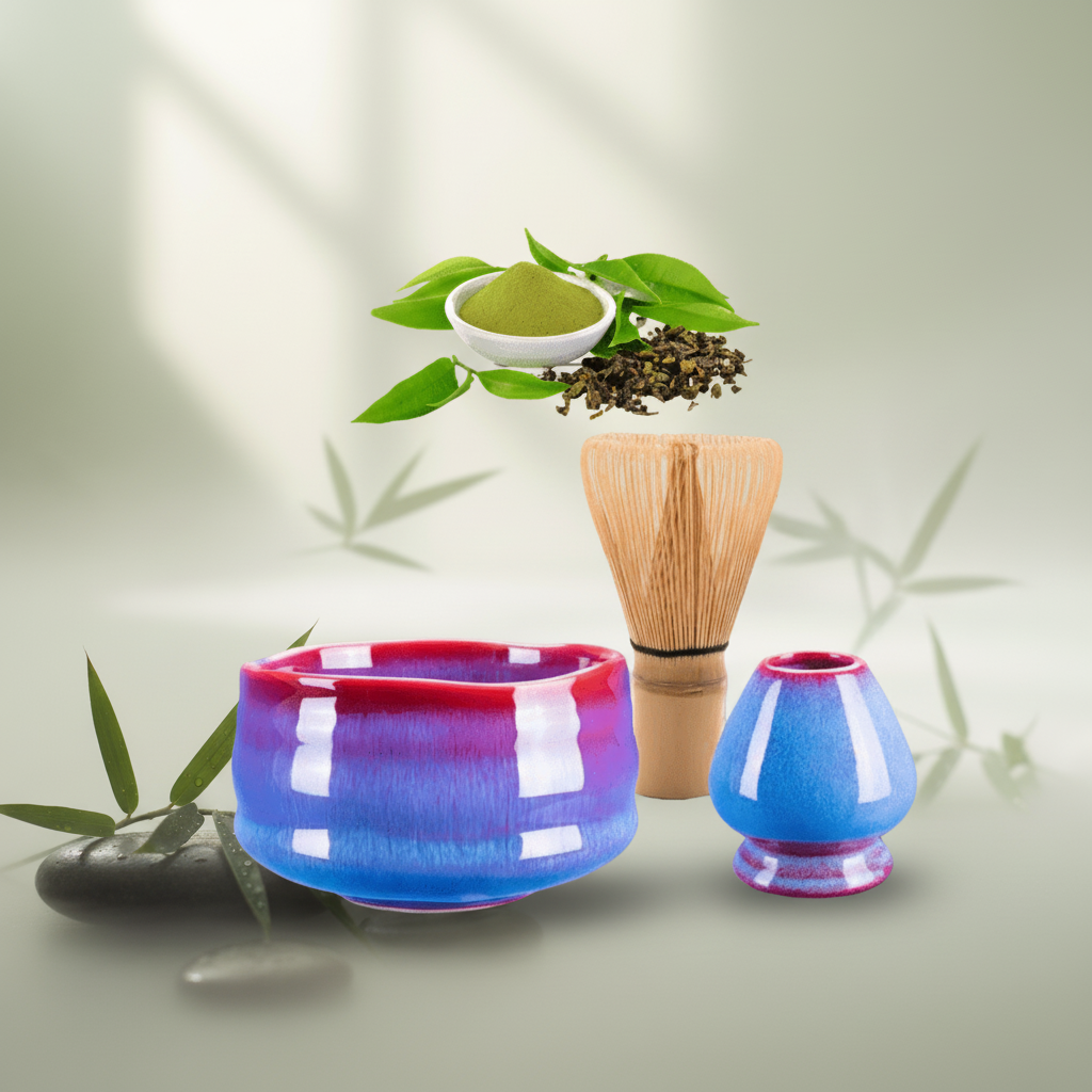 Matcha Set Nebel mit Bambusbesen und Keramikschale auf elegantem Hintergrund