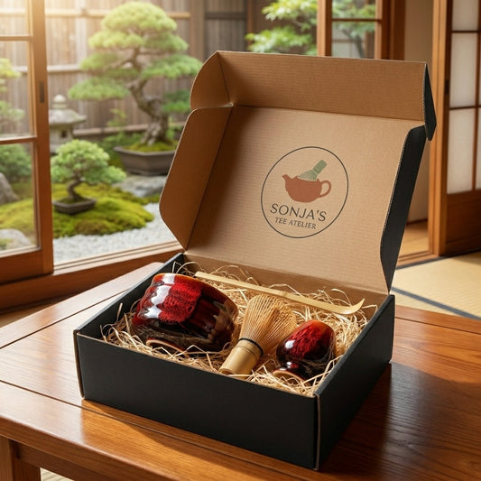 Matcha Set Aka – 4-teilig mit Keramik Schale Schwarz-Rot, Bambusbesen, Halter & Löffel – Japanische Teezeremonie Geschenkset