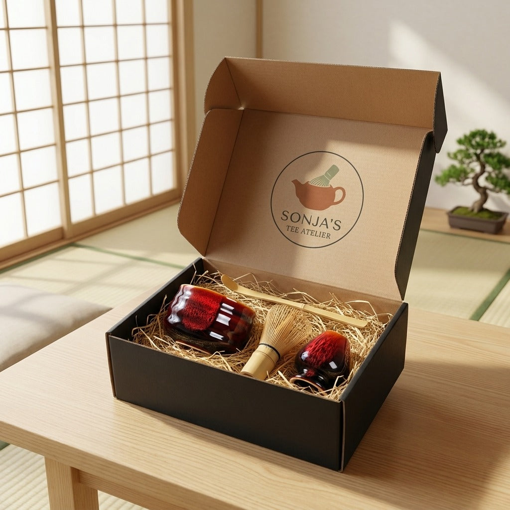 Matcha Set Aka – 4-teilig mit Keramik Schale Schwarz-Rot, Bambusbesen, Halter & Löffel – Japanische Teezeremonie Geschenkset