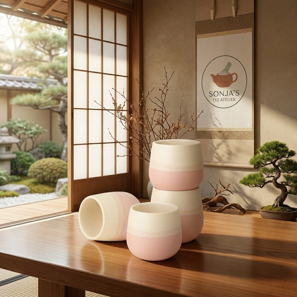 Japanisches Teebecher-Set "Morgenrot" – 4er Set Keramikbecher ohne Henkel, Handgefertigt, Rosa Farbverlauf, Matcha & Kaffee Becher, Geschenk für Teeliebhaber